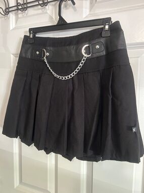 Royal Bones Black Pleated Skater Mini Skirt with Silver Chain